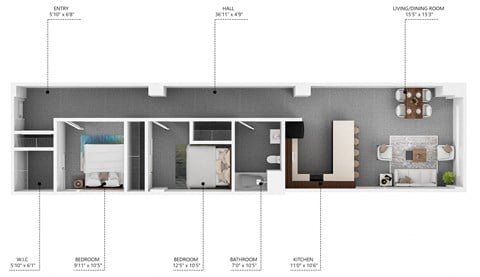 Floor plan for 2 beds, 1 bath, 1052 sqft